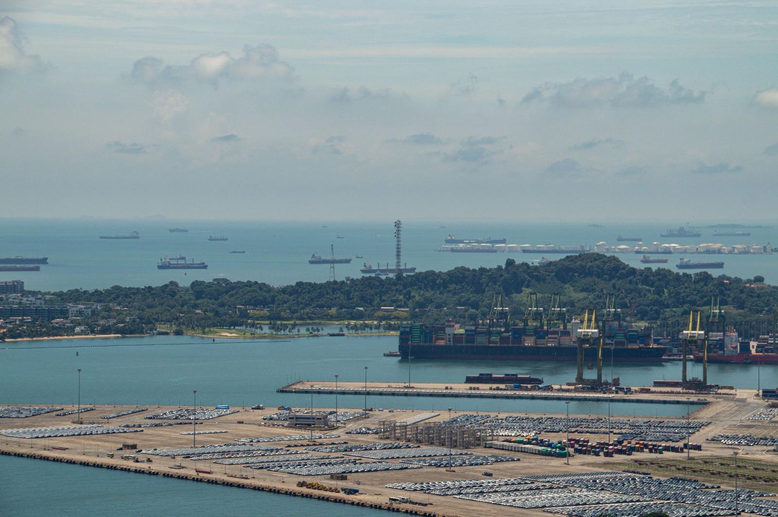 Aerial View of Singapore Harbor and Ships